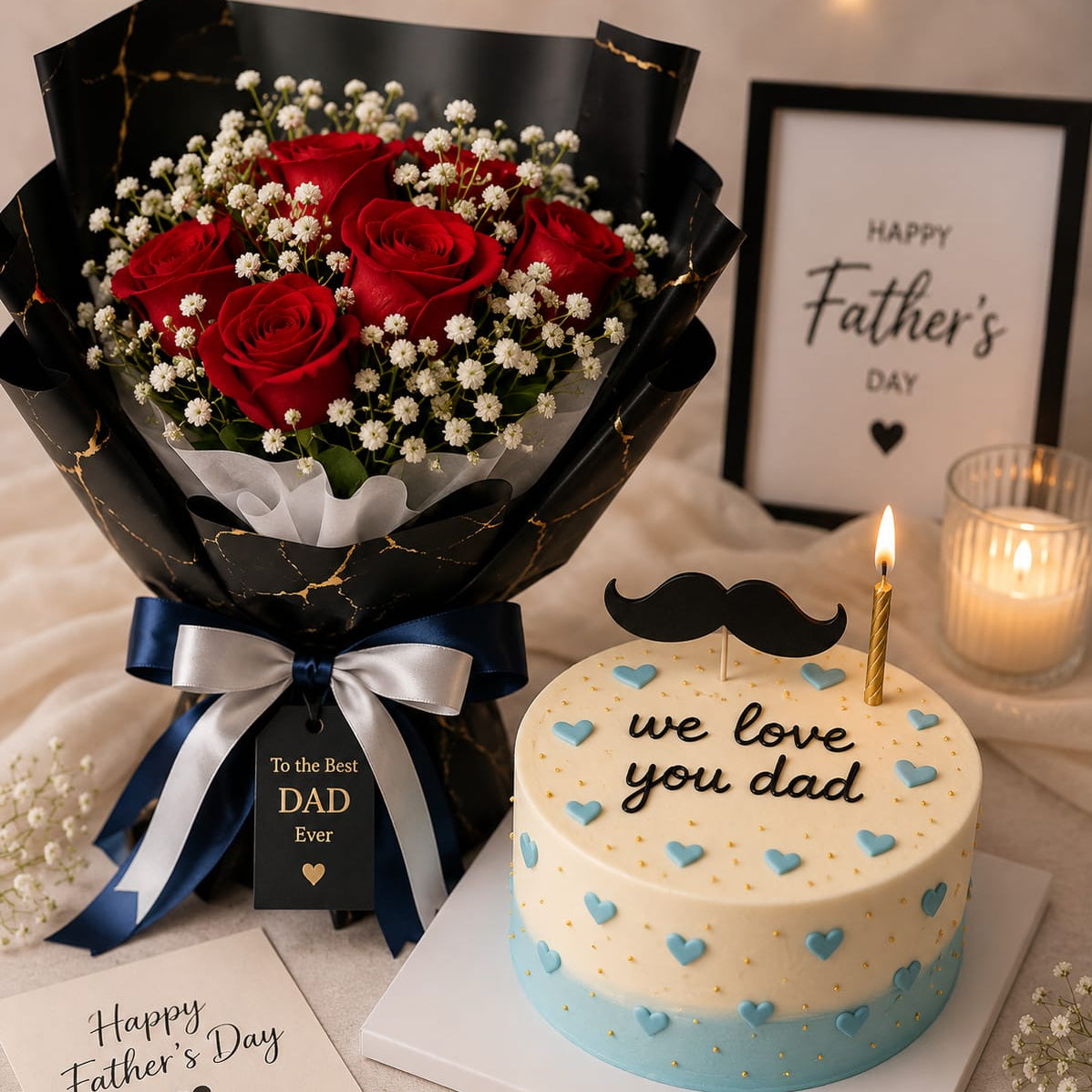 Father's Day Bento Small Heart Cake and Bouquet